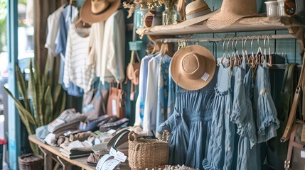 Different spring and winter clothing on hangers in a retail shop. Fashion and shopping concept. AI generated illustration