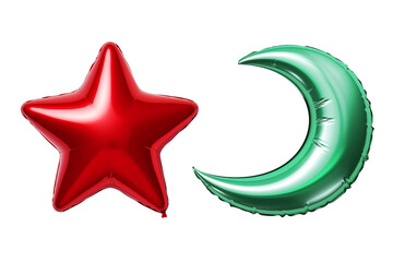 green moon and red star foil balloons isolated on transparent background
