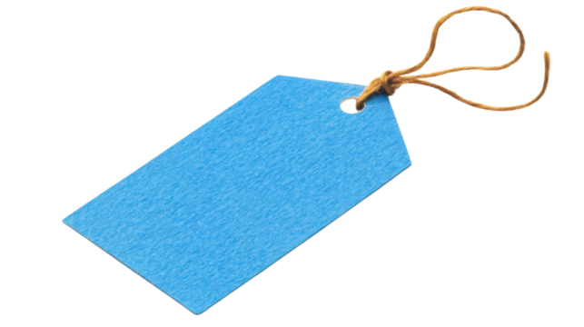 Blank blue label hanging with brown string on transparent background
