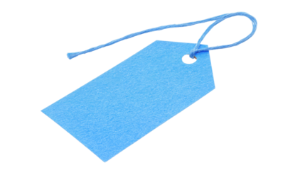 Blank blue cardboard tag with string on transparent background