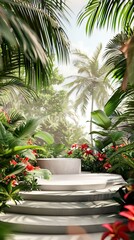 Tropical Garden with Podium for Product Display, Lush Greenery, Natural Outdoor Backdrop. AI generated illustration