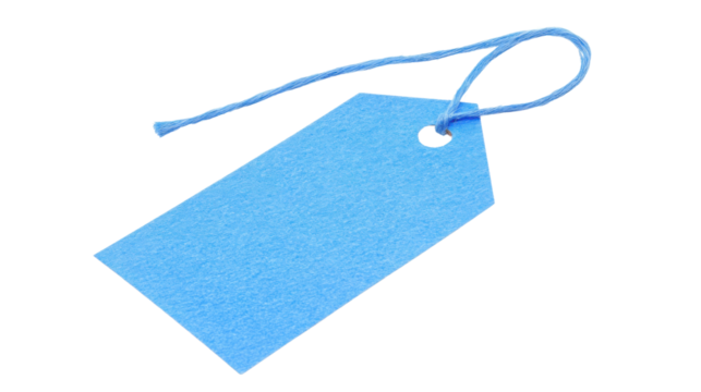 Blank blue cardboard tag with string on transparent background