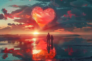 Couple walking hand in hand on a beach at sunset with a heart-shaped reflection in the water