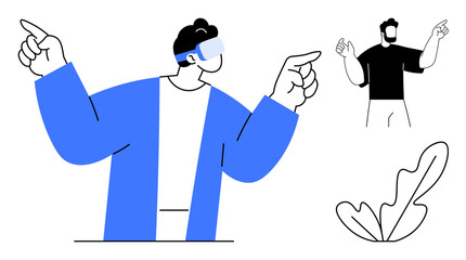 Two stylized figures engage in a virtual space, one wearing AR glasses, and a leaf design. Ideal for technology, communication, future concepts, virtual reality, digital interaction, modern life