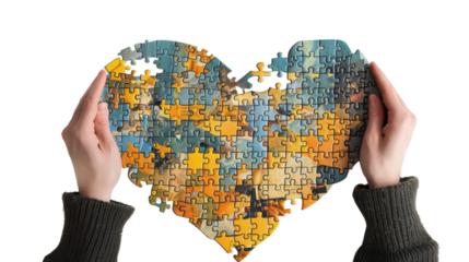 Two hands holding an incomplete heart-shaped puzzle with transparent background