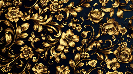 Gold floral pattern on a dark background. Ornate Embellishment. Illustration