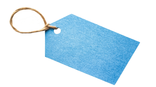 Blank blue label with string on transparent background, ready for customization