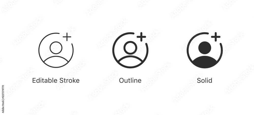 Poster Add new user icon vector male person profile avatar with plus symbol, Add user friend icon. editable stroke, outline, solid icons