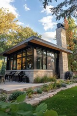 Fototapeta premium A contemporary garden house featuring inviting outdoor seating, surrounded by vibrant greenery and peaceful scenery, beautifully showcased on a sunny afternoon