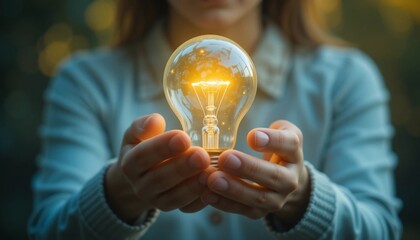 Woman s Hands Gently Holding a Glowing Light Bulb Symbol of Idea Innovation and Inspiration