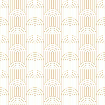 Fototapeta Seamless art deco arch pattern with gold striped lines, zigzag wave pattern on white background, luxury repeat wallpaper vector illustration.