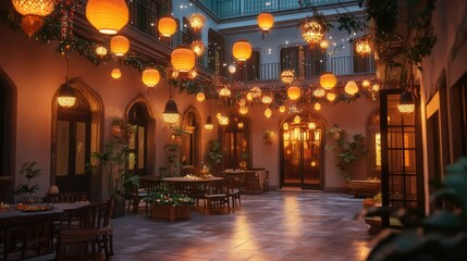 Fototapeta premium Enchanted Courtyard: A Night of Festivities Under the Lanterns