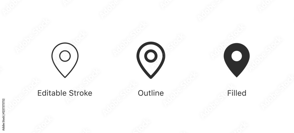 Poster location pin icon, map pointer icon in editable stroke, outline, solid and filled style