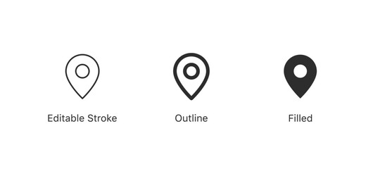 location pin icon, map pointer icon in editable stroke, outline, solid and filled style
