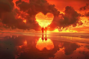 Couple walking hand in hand on a beach at sunset with a heart-shaped reflection in the water