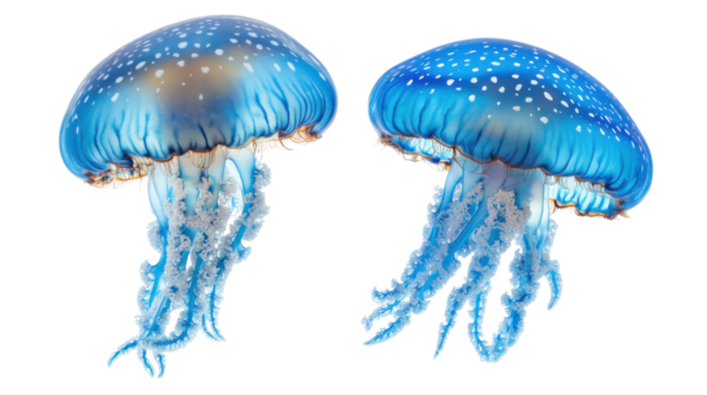 Two blue button jellyfish floating with transparent background