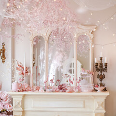 Wedding Reception. A small corner with vintage mirror in pastel pink and white room at the wedding reception decorated with pink flamingos, candles and flowers. Happy Anniversary and Valentine's theme