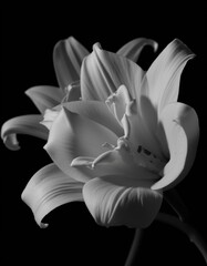 Elegant monochrome image of a lily flower, showcasing delicate petals and form against black.