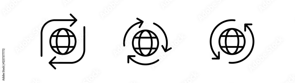 Poster global sync icon set. website icon, globe icon with refresh arrows. worldwide line icon in editable stroke