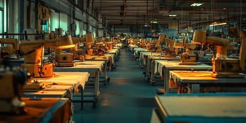 Vintage Sewing Factory with Detailed Machines and Textile Fabrics - AI generated illustration