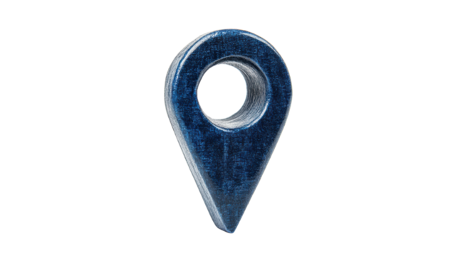 Blue wooden location pin pointing place on transparent background