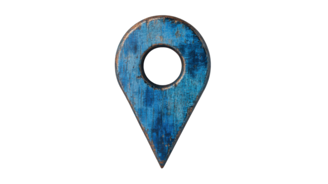 Blue wooden location pin pointing place on transparent background