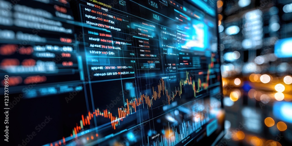 Fototapete High-Tech Control Room with Multiple Screens Displaying High-Resolution Financial Graphs and Data Analytics Visualizations in a Modern Environment