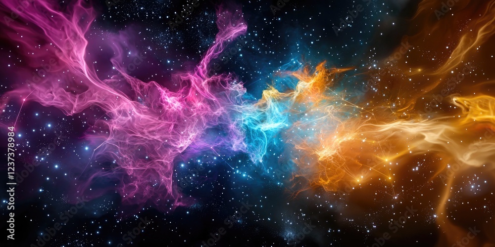 Poster abstract cosmic network of colorful light and energy, representing connections in space and time, fu