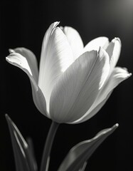 Close-up grayscale image of a single, vibrant tulip, highlighting its delicate petals and stem.