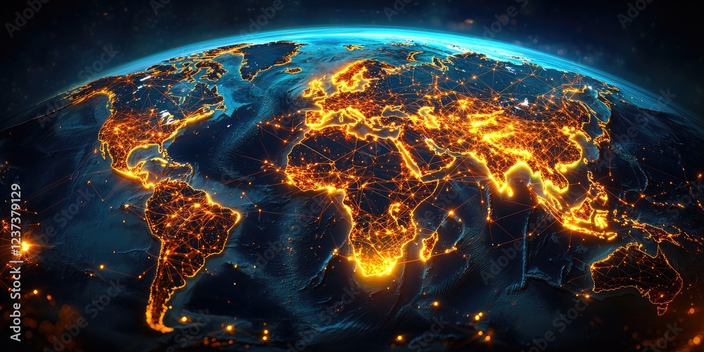 Poster global connectivity at night showcasing illuminated continents with a network of lights illustrating