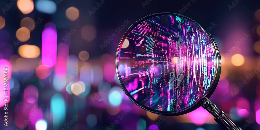 Fototapete Close-Up View Through Magnifying Glass Revealing Abstract Digital Data Patterns and Technical Illustrations with Futuristic Bokeh Background