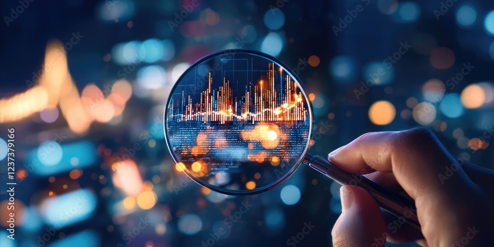Fototapete Close-Up View Through Magnifying Glass Revealing Abstract Digital Data Patterns and Technical Illustrations with Futuristic Bokeh Background