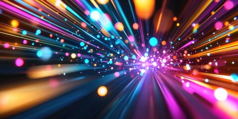 Fototapeta premium Abstract vibrant explosion of multicolored lights radiating outward in a starburst pattern against a dark background creating a dynamic visual effect