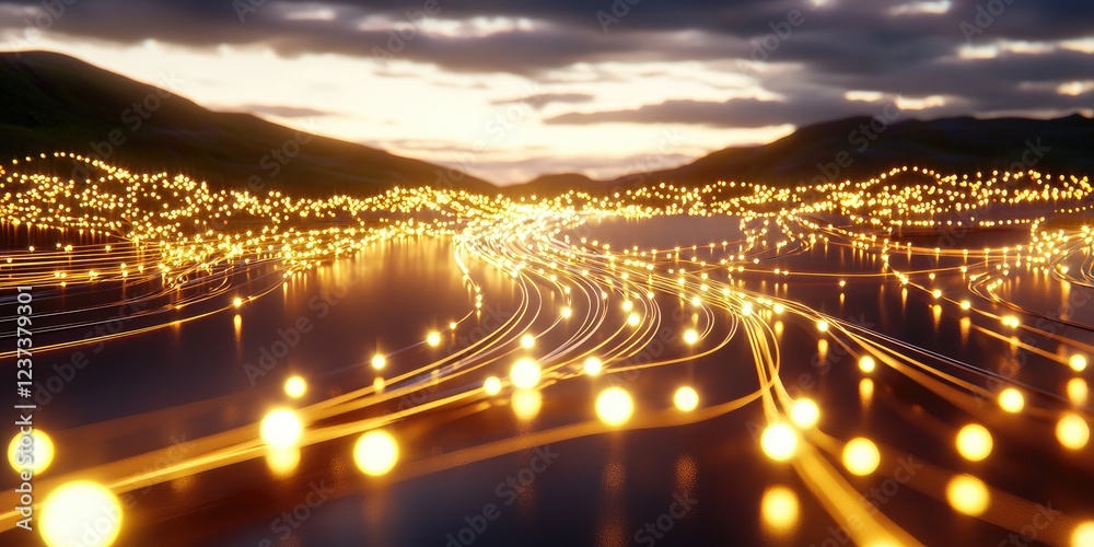 Fototapete Abstract network of glowing dots and connecting lines in a dark background, symbolizing technology, communication, and digital transformation concepts