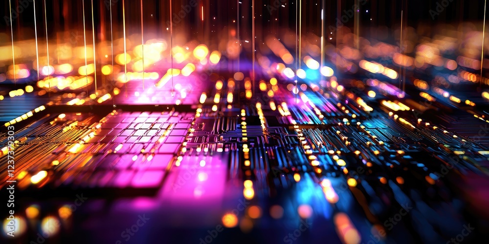 Poster Abstract technological background showcasing a detailed microscopic view of a computer chip illuminated by vibrant colors and glowing circuit patterns