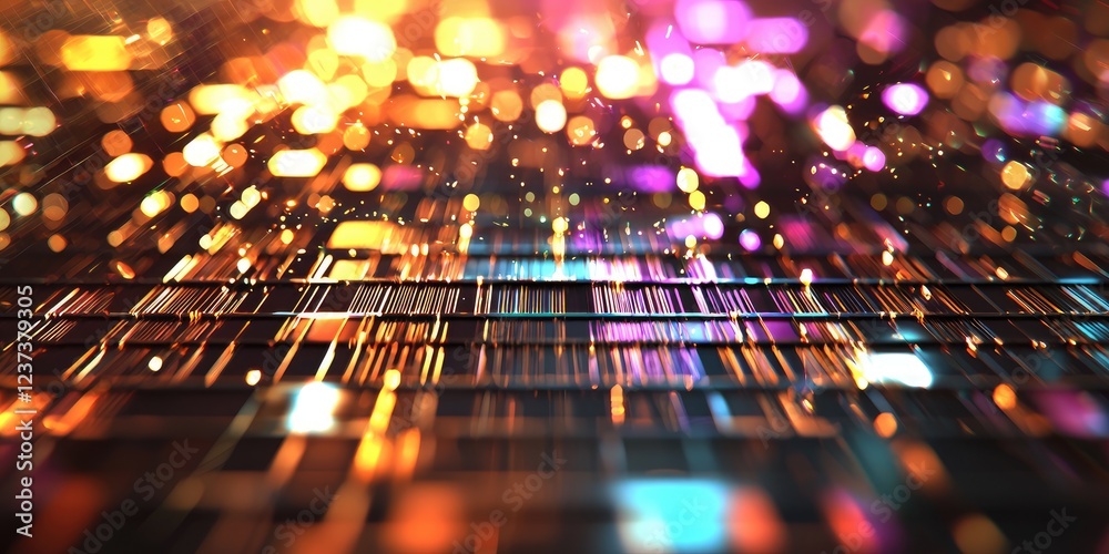 Aufkleber Abstract technological background showcasing a detailed microscopic view of a computer chip illuminated by vibrant colors and glowing circuit patterns