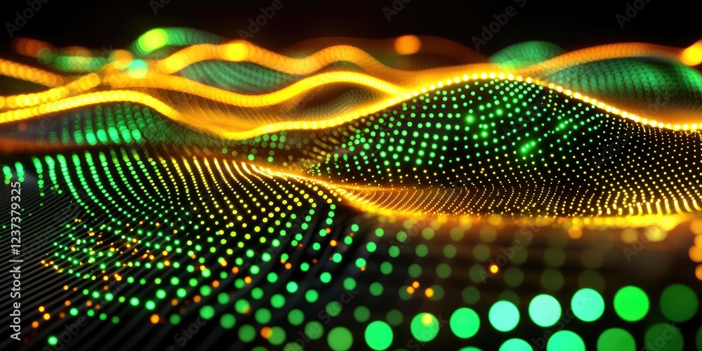 Poster Abstract network of glowing dots and connecting lines in a dark background, symbolizing technology, communication, and digital transformation concepts