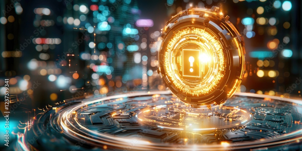 Poster Futuristic Digital Lock on Circuit Board with Glowing Lights, Representing Cybersecurity and Data Protection in a Technology Landscape