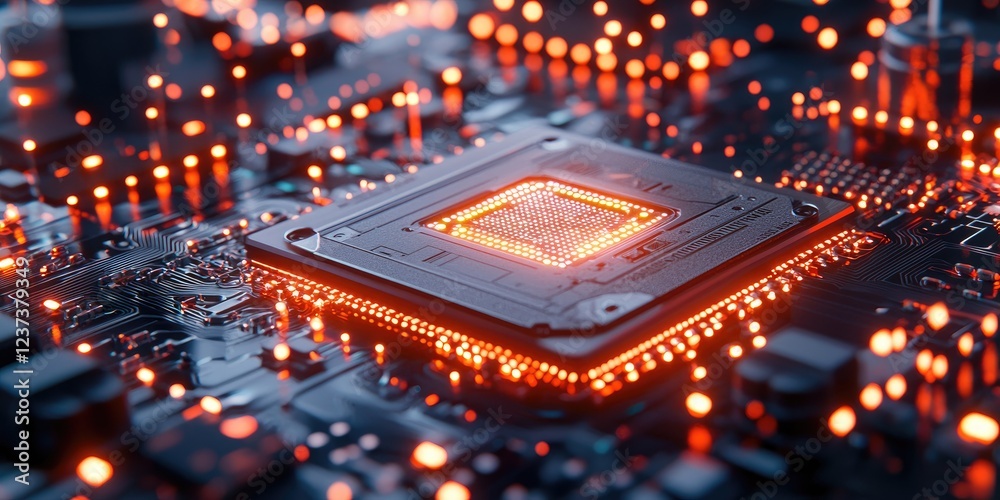 Poster Futuristic Digital Lock on Circuit Board with Glowing Lights, Representing Cybersecurity and Data Protection in a Technology Landscape