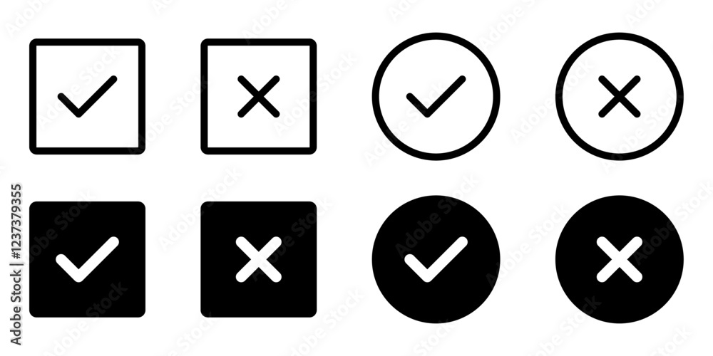 Aufkleber check mark icon button vector set. check box icon with right and wrong buttons. yes/no, true/false, correct/wrong, or accept/reject icons