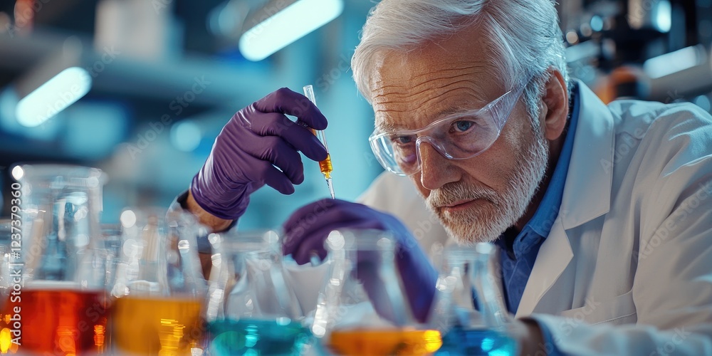 Poster scientist conducting experiment in modern laboratory with glassware, pipette, and colorful liquid so