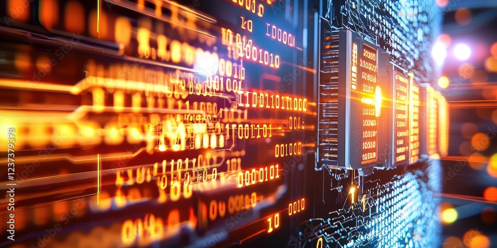 Poster Digital Lock on Circuit Board with Glowing Binary Code, Representing Cybersecurity and Data Protection in a Technological Environment
