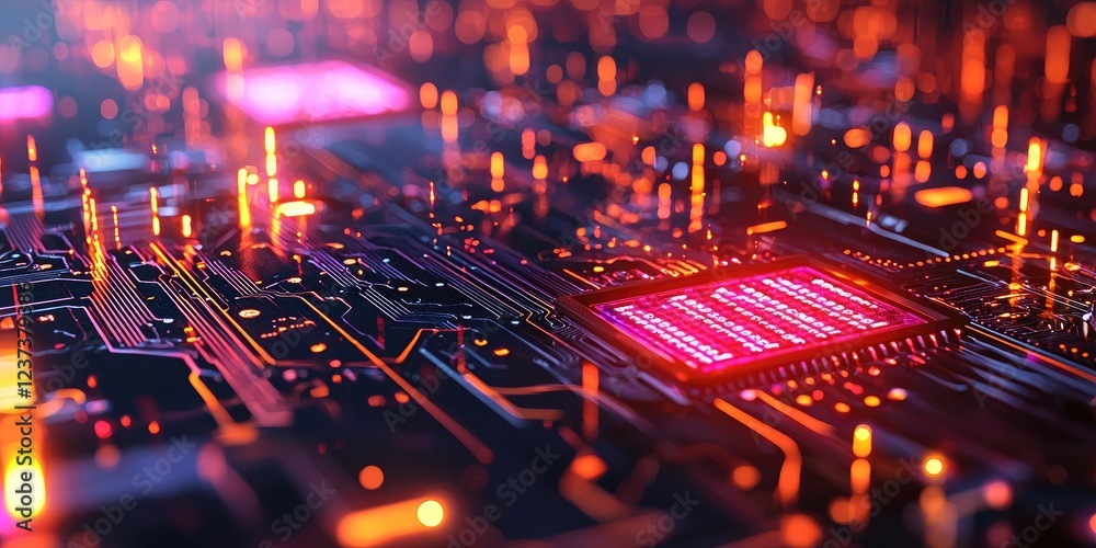 Poster Digital Lock on Circuit Board with Glowing Binary Code, Representing Cybersecurity and Data Protection in a Technological Environment