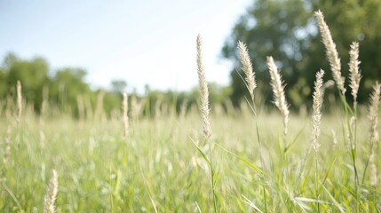Fototapeta premium Sunny meadow grasses, trees background, nature scene, idyllic summer