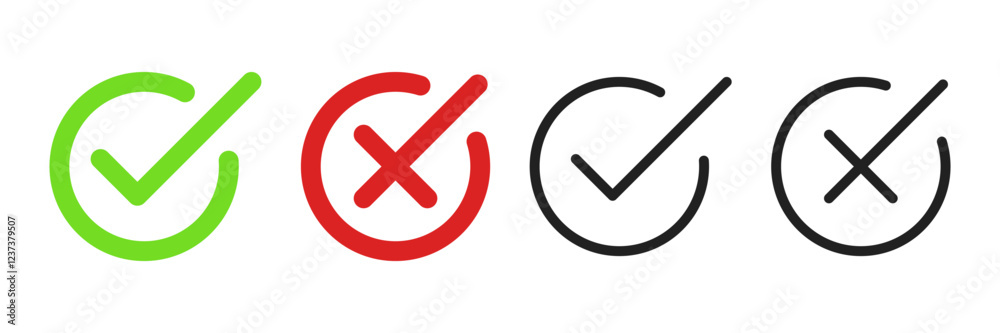 Poster check mark icon button set. check box icon with right and wrong buttons and yes or no checkmark icons in green tick box and red cross. vector illustration