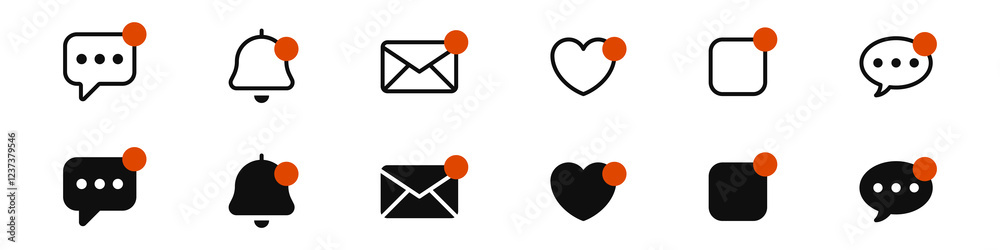 Poster Notification bell icon set. New email message notification icon or alarm alert reminder icon sign. Love like with Notifications and chat message speech bubble icon - Web icons collection set