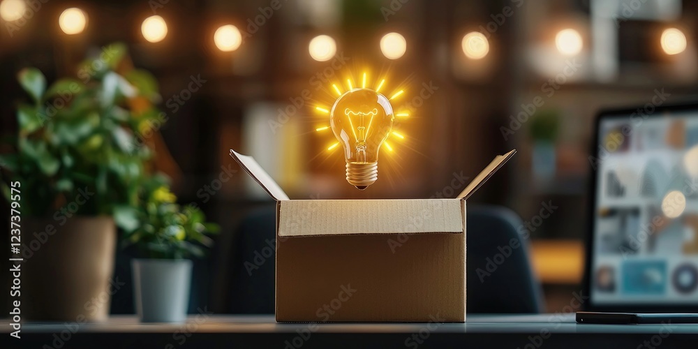 Aufkleber Creative concept of an open cardboard box pouring ideas and innovations with a light bulb glowing over a modern workspace background