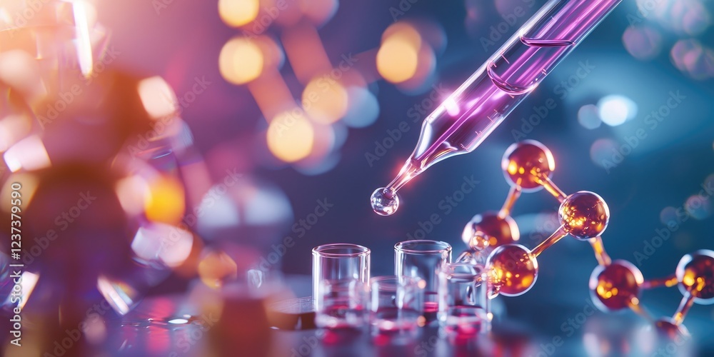 Aufkleber Advanced laboratory setting with a dropper and test tubes, showcasing scientific experimentation and molecular structure in a vibrant color palette