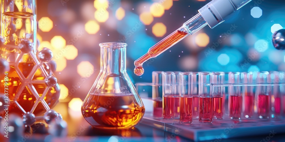 Poster Advanced laboratory setting with a dropper and test tubes, showcasing scientific experimentation and molecular structure in a vibrant color palette