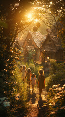 A whimsical Easter egg hunt scene with children laughing and searching for eggs in a beautiful garden, golden hour sunlight, dreamy atmosphere, painterly style